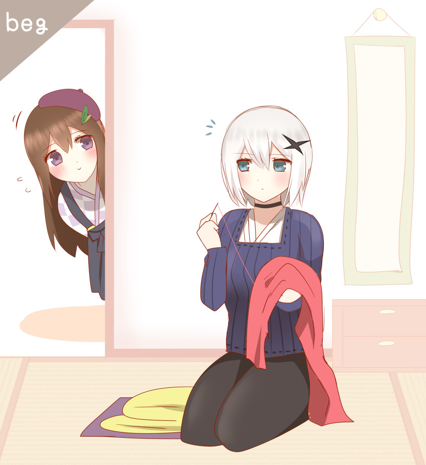 2girls absurdres beret black_choker black_pants black_skirt blue_eyes blue_shirt blush brown_hair checkered_clothes checkered_kimono choker closed_mouth commentary_request english_text flying_sweatdrops grey_hair hair_between_eyes hat highres holding holding_needle japanese_clothes kimono long_hair long_sleeves multiple_girls needle no_shoes non_(wednesday-classic) on_floor original pants pleated_skirt purple_eyes purple_hat red_scarf ribbed_shirt scarf seiza sewing shirt sitting skirt smile socks tatami tilted_headwear unworn_scarf very_long_hair white_socks yellow_scarf