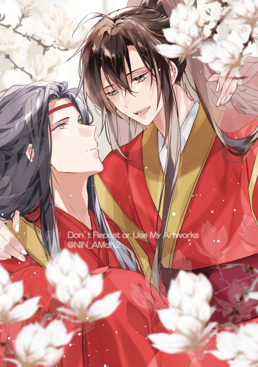 2boys ahoge alternate_costume bishounen black_hair blurry branch brown_hair carrying carrying_person chinese_clothes english_text eye_contact flower grey_eyes hair_between_eyes hanfu headband highres hyottokoane lan_wangji long_hair long_sleeves looking_at_another male_focus modao_zushi multiple_boys open_mouth ponytail red_hanfu red_headband sidelocks smile twitter_username upper_body watermark wei_wuxian white_flower wide_sleeves yaoi yellow_eyes
