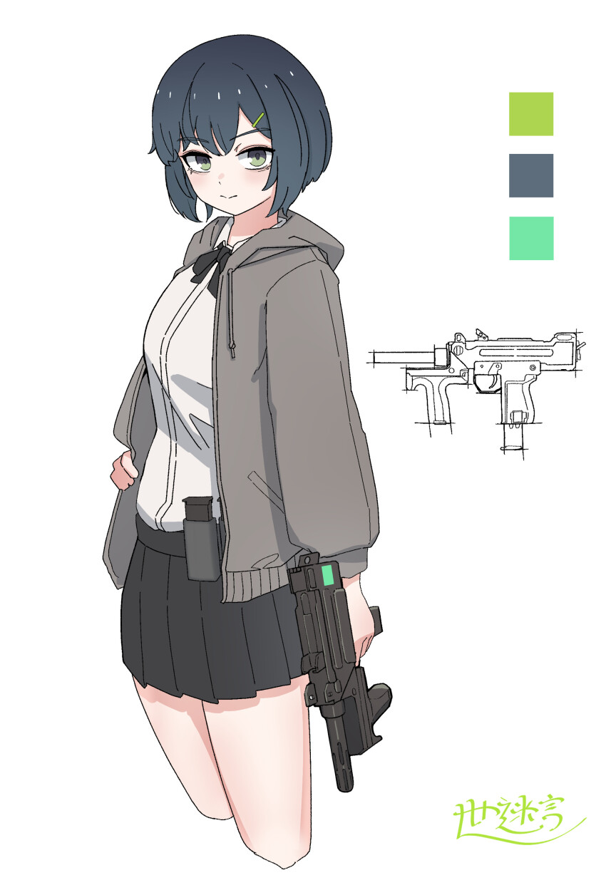 1girl absurdres ammunition_pouch belt belt_pouch black_bow black_bowtie black_hair black_skirt blush bow bowtie breasts closed_mouth color_guide commentary cropped_legs english_commentary green_eyes green_hoodie gun hair_ornament hairclip highres holding holding_gun holding_weapon hood hoodie magazine_(weapon) minebea_pm-9 okapi_(yomaigoto) open_clothes open_hoodie original pouch shirt short_hair signature simple_background skirt small_breasts solo thighs weapon white_background white_shirt