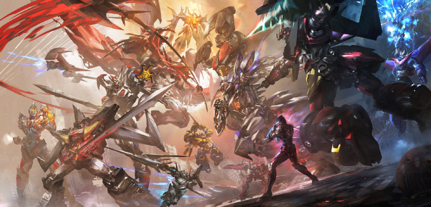 armor battle chinese_commentary choujuu_kishin_dancouga clenched_hands copyright_request cowboy_bebop crossover dancouga dancouga_(series) dangaioh_hyper_combat_unit dangaiou dual_wielding fighting final_dancouga floating getter_robo glowing great_mazinger_(robot) great_zeorymer gridman_(ssss) gridman_universe hades_project_zeorymer highres holding holding_lance holding_polearm holding_sword holding_weapon horns iron_saga lance mazinger_(series) mazinger_z mazinger_z:_infinity mazinger_z_(mecha) mecha mecha_request multiple_crossover open_hand polearm power_armor red_scarf robot scarf science_fiction shin_getter-1 shin_getter_robo ssss.gridman stu_dts sunrise_stance super_robot sword swordfish_ii tengen_toppa_gurren_lagann ultra_series ultraman ultraman_(hero&#039;s_comics) vassago_(iron_saga) weapon