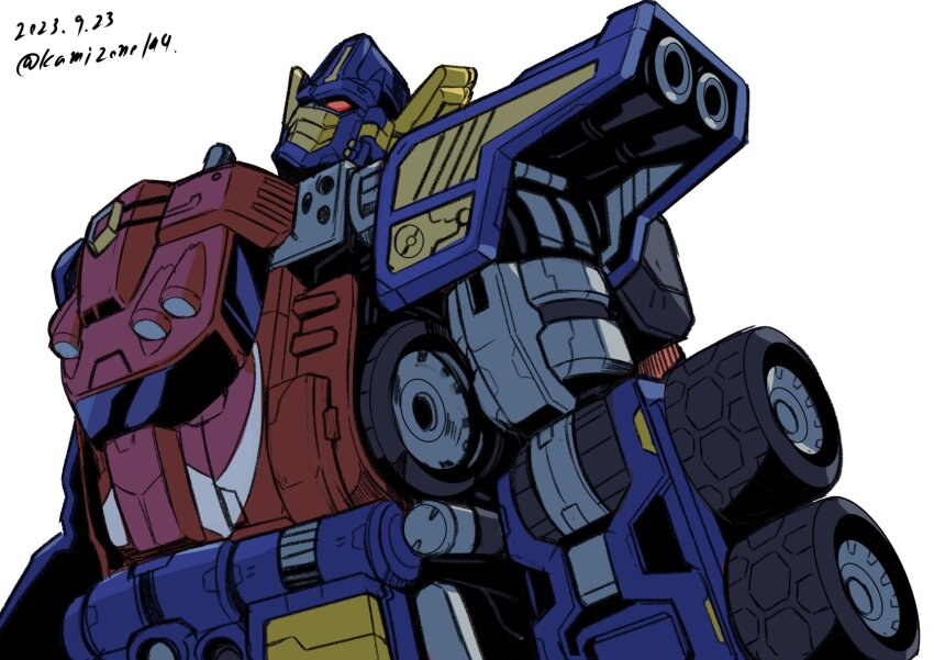 autobot clip_studio_paint_(medium) dated highres kamizono_(spookyhouse) looking_up making-of_available mecha no_humans optimus_prime red_eyes robot science_fiction simple_background solo transformers transformers_armada transformers_unicron_trilogy twitter_username upper_body wheel white_background