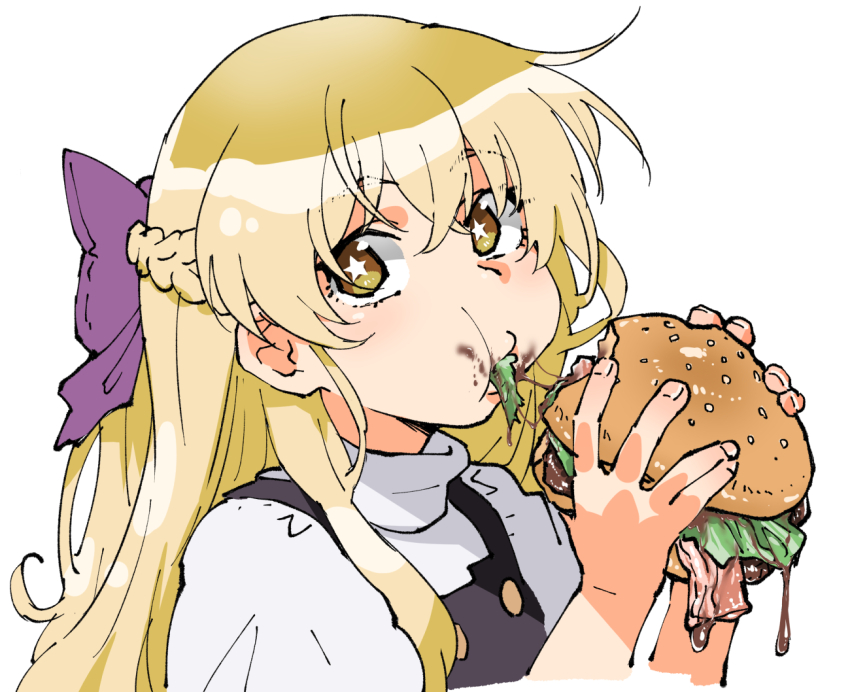 1girl blonde_hair bow braid burger commentary_request eating food food_bite food_in_mouth food_on_face from_side full_mouth hair_bow half_up_half_down_braid hands_up henriiku_(ahemaru) holding holding_burger holding_food kirisame_marisa long_hair looking_to_the_side no_headwear purple_bow shirt short_sleeves simple_background solo star-shaped_pupils star_(symbol) symbol-shaped_pupils touhou turtleneck turtleneck_shirt upper_body white_shirt yellow_eyes