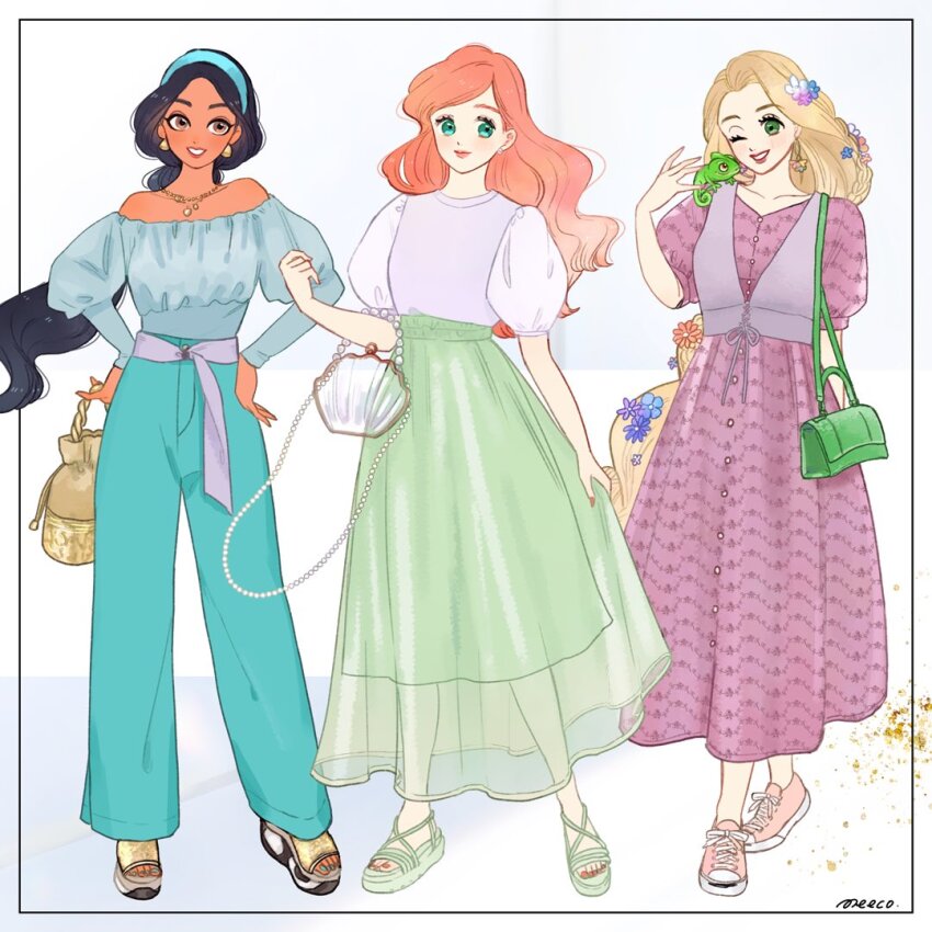 3girls aladdin_(movie) ariel_(disney) bare_shoulders black_hair blonde_hair breasts brown_eyes chameleon cleavage contemporary dark-skinned_female dark_skin disney_princess earrings jasmine_(disney) jewelry long_hair looking_at_viewer meecosme midriff multiple_girls necklace off_shoulder pascal_(tangled) rapunzel_(disney) red_hair shirt smile tangled the_little_mermaid_(disney) very_long_hair