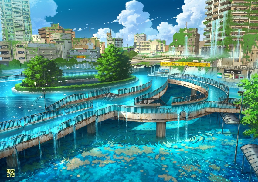 abandoned air_conditioner animal billboard bird blue_sky broken_window building cloud commentary_request day dilapidated fish flood handrail highres lamppost no_humans original outdoors overgrown post-apocalypse railing ripples ruins rust scenery sky stairs tokyogenso tree water waterfall