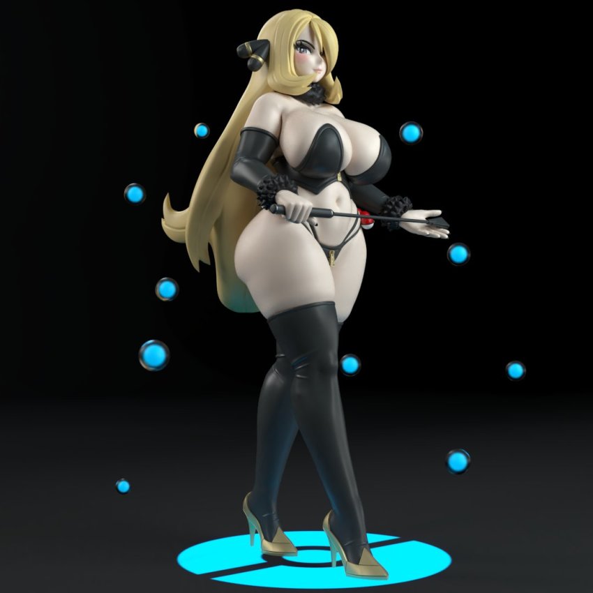 1girl 3d bikini black_background blonde_hair blush breasts cynthia_(pokemon) generalbuta hair_over_one_eye high_heels large_breasts long_hair nintendo pokemon pokemon_dppt smile standing swimsuit thighhighs whip zipper_bikini