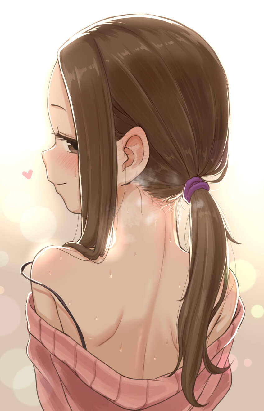 1girl bare_shoulders blush brown_eyes brown_hair closed_mouth commentary from_behind heart highres karakai_jouzu_no_takagi-san long_hair looking_at_viewer looking_back low_ponytail note2000 off-shoulder_sweater off_shoulder pink_sweater ponytail shoulder_blades smile solo steam strap_slip sweater takagi-san white_background