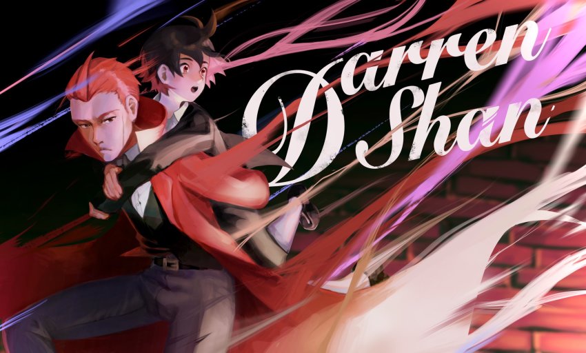 2boys black_hair carrying coat copyright_name darren_shan formal_clothes highres larten_crepsley long_coat multiple_boys orange_hair piggyback red_coat red_eyes scar scar_on_face short_hair shorts suit the_saga_of_darren_shan