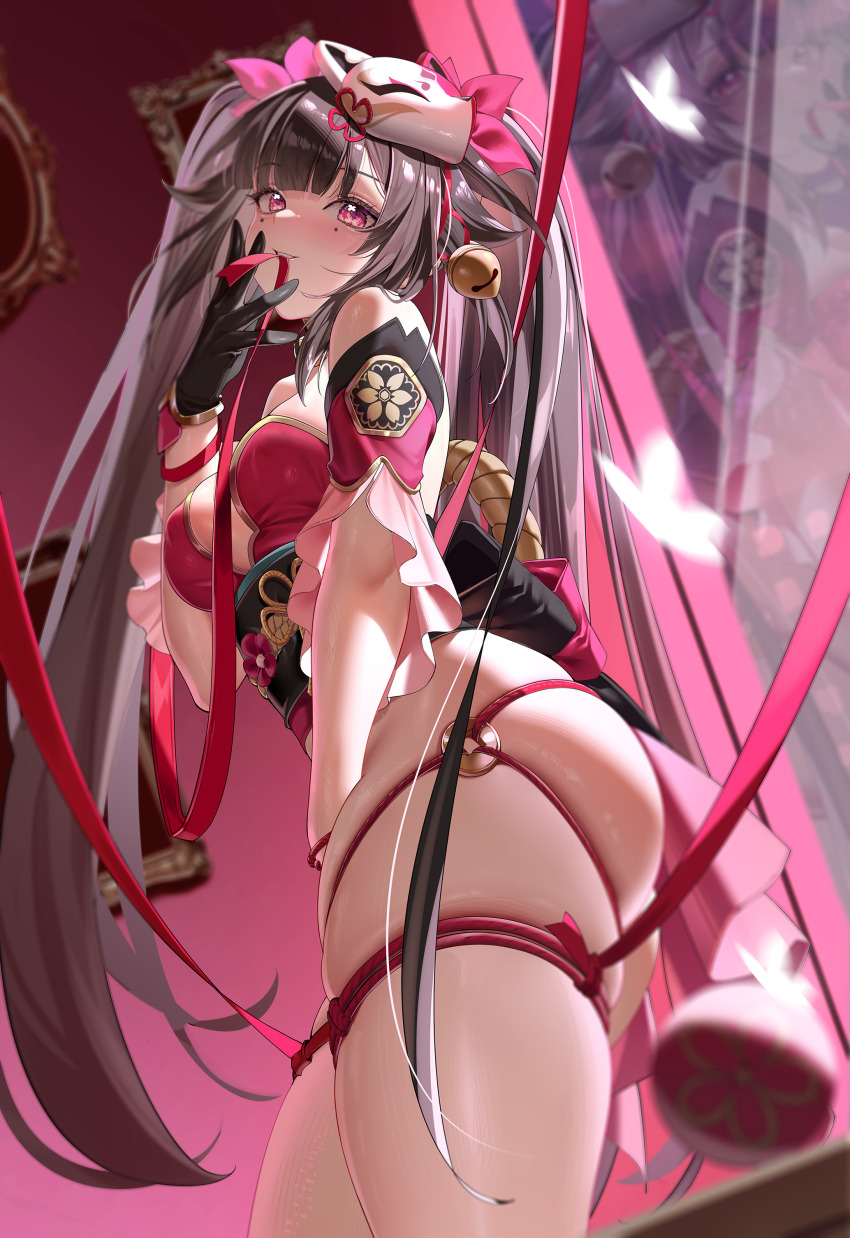1girl absurdres black_gloves blush bow brown_hair butterfly-shaped_pupils commentary_request cowboy_shot detached_sleeves dress from_below gloves hair_bow highres honkai:_star_rail honkai_(series) kururu_(qqqqq59508750) light_smile long_hair looking_at_viewer mark_under_both_eyes mask mask_on_head mouth_hold red_bow red_dress red_eyes red_ribbon red_sleeves ribbon ribbon_in_mouth rope single_glove skindentation solo sparkle_(honkai:_star_rail) symbol-shaped_pupils thighs twintails very_long_hair