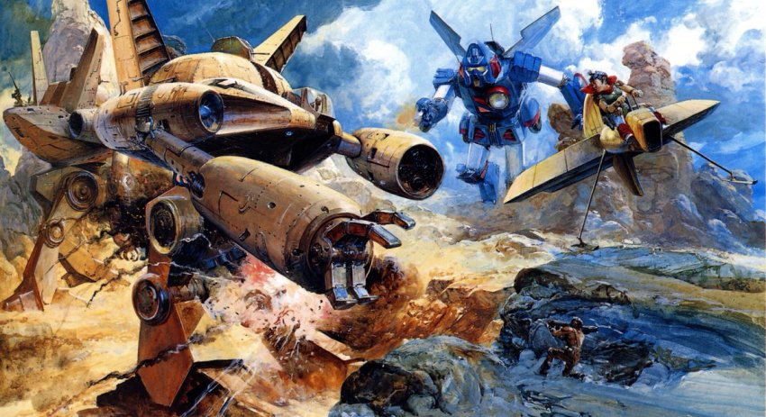 1980s_(style) battle desert hover_bike hover_vehicle mecha mechanical_arms mountain non-humanoid_robot official_art oldschool ponytail production_art promotional_art realistic retro_artstyle robot rock rocket_launcher sand scan science_fiction sentou_mecha_xabungle single_mechanical_arm takani_yoshiyuki traditional_media walker_(robot) weapon xabungle_(mecha)