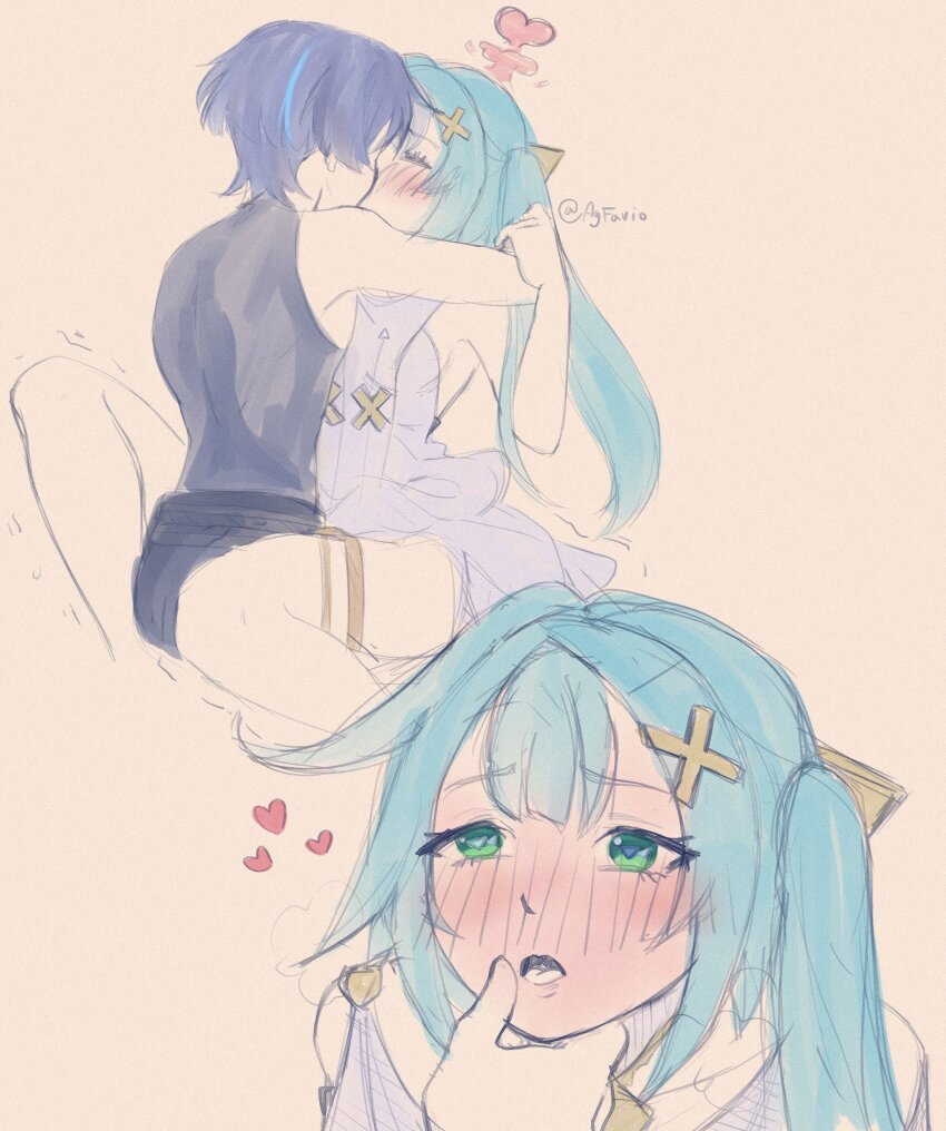 1boy 1girl absurdres agfavio arrow_(symbol) arrow_print belt black_belt black_bodysuit black_rope black_shorts blue_hair blue_pupils blunt_bangs blunt_ends blush bodysuit center-flap_bangs closed_eyes clothes_lift clothing_cutout couple dress dress_lift eyelashes faruzan_(genshin_impact) genshin_impact green_eyes hair_ornament half-closed_eyes hand_on_another&#039;s_chin hand_up heart heavy_breathing hetero highres hug jewelry kiss leg_lock long_hair looking_at_viewer mismatched_pupils multicolored_hair open_mouth pink_background purple_eyes rope scaramouche_(genshin_impact) shorts shoulder_cutout sketch streaked_hair stream symbol-shaped_pupils thighlet triangle-shaped_pupils twintails wanderer_(genshin_impact) white_dress x_hair_ornament
