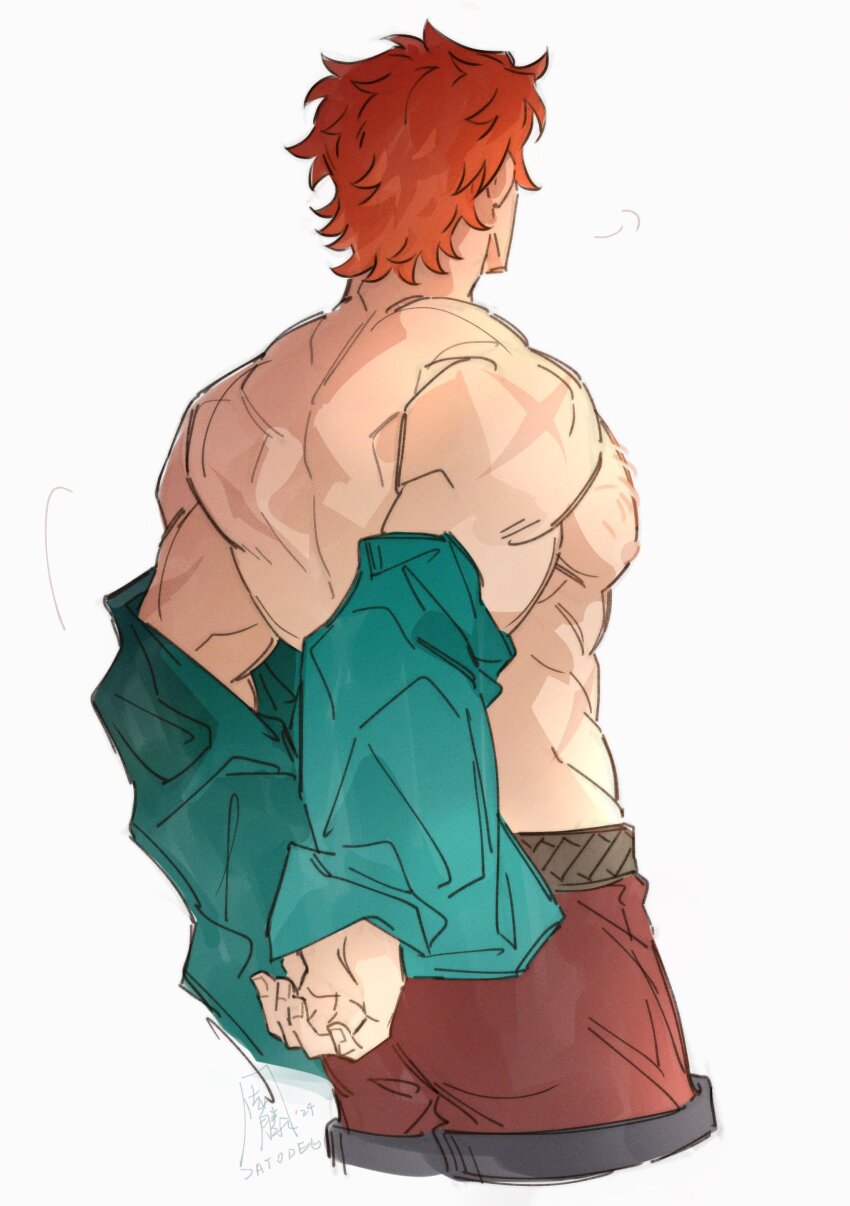 1boy abs absurdres back back_muscles commentary cropped_legs dated english_commentary fire_emblem fire_emblem:_three_houses from_behind green_shirt highres male_focus nintendo nipples orange_hair pants pectorals red_pants satodee scar scar_on_back scar_on_shoulder shirt short_hair simple_background solo sylvain_jose_gautier topless_male twitter_username undressing white_background