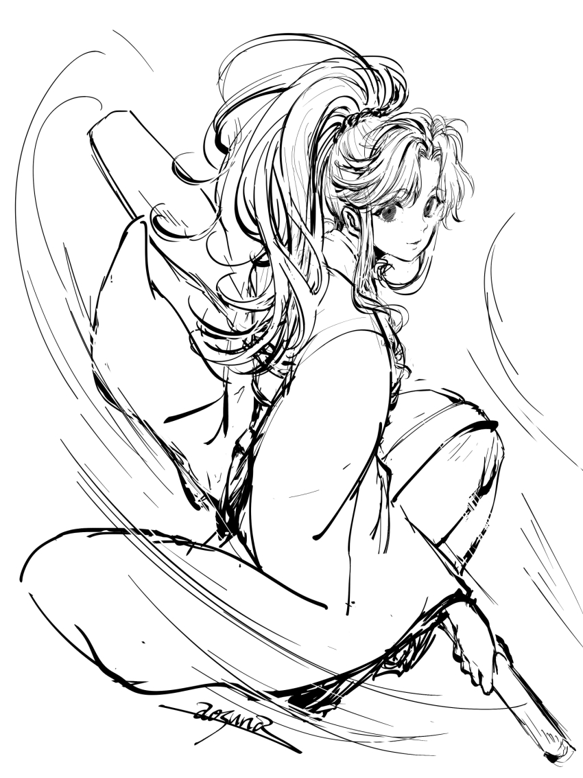1girl aosuna botan_(yu_yu_hakusho) closed_mouth flying full_body greyscale high_ponytail highres japanese_clothes kimono lips long_hair long_sleeves looking_at_viewer monochrome oar ponytail signature simple_background smile solo white_background yuu_yuu_hakusho