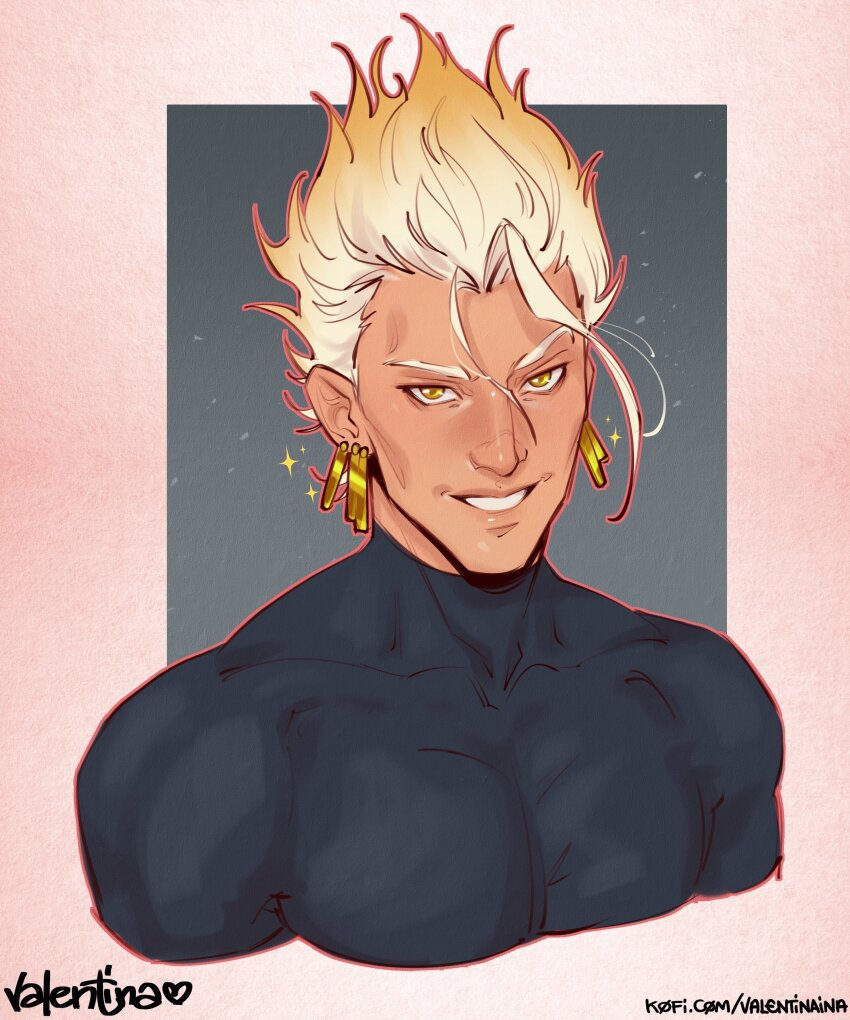 1boy absurdres black_shirt blonde_hair earrings gold_earrings grin highres jewelry ko-fi_username looking_at_viewer original portrait shirt signature smile solo valentina_tavolilla watermark web_address yellow_eyes