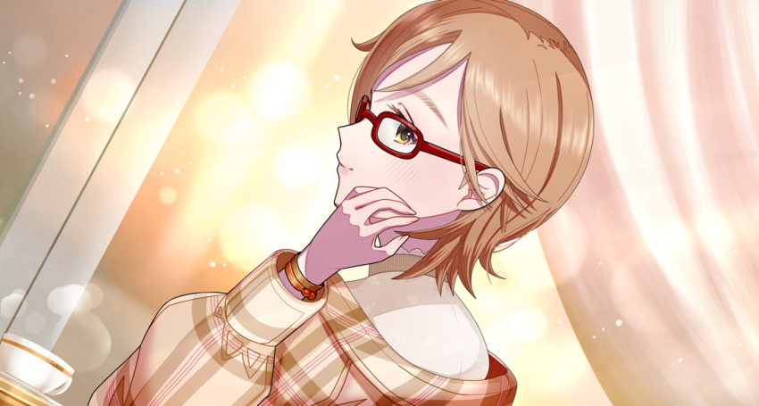 1girl aikawa_chinatsu blouse blush bracelet brown_hair brown_shirt cafe closed_mouth coffee cup curtains drink fingernails from_side glasses hand_up ich. idolmaster idolmaster_cinderella_girls idolmaster_cinderella_girls_starlight_stage jewelry lens_flare heavy_lens_flare light_blush light_smile lips long_sleeves looking_at_viewer looking_to_the_side official_alternate_costume red-framed_eyewear restaurant shirt short_hair sidelocks sitting smile solo steam table upper_body window yellow_eyes