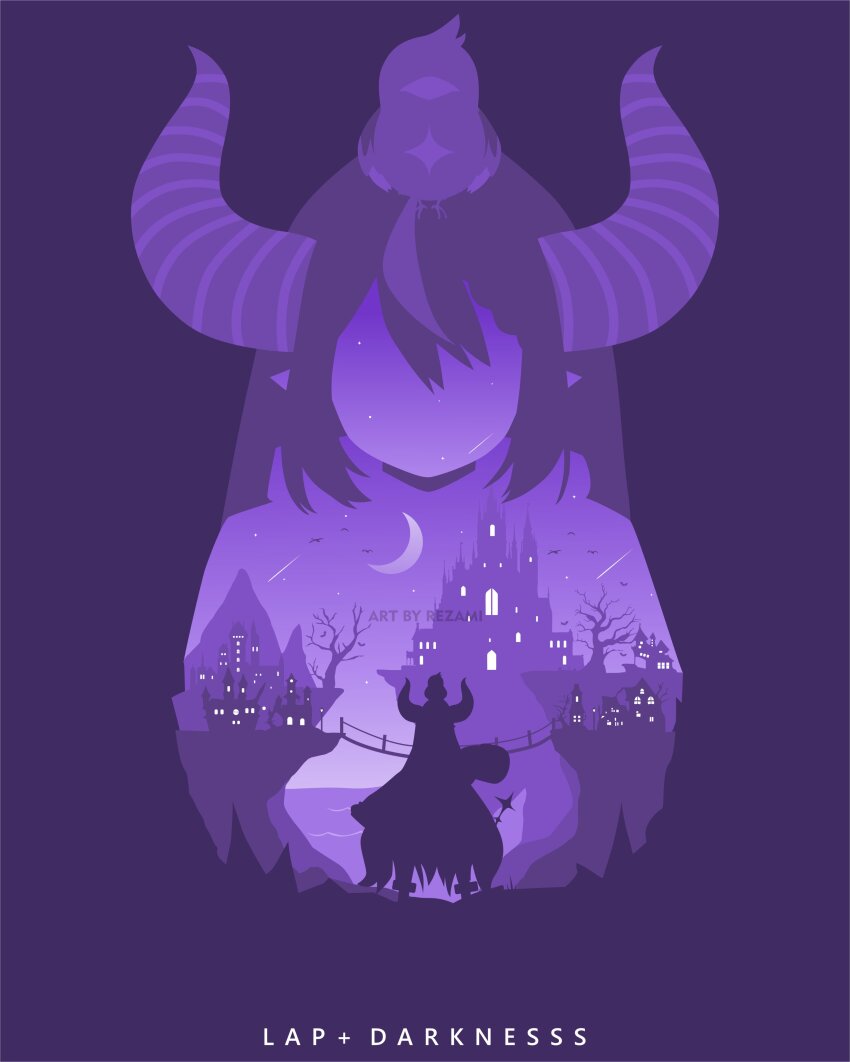 1girl absurdres artist_name bridge building character_name crescent_moon crow_(la+_darknesss) highres hololive horizon horns la+_darknesss la+_darknesss_(1st_costume) long_hair moon mountain multiple_views pointy_ears purple_theme rezami rope_bridge shooting_star silhouette star_(sky) virtual_youtuber water watermark