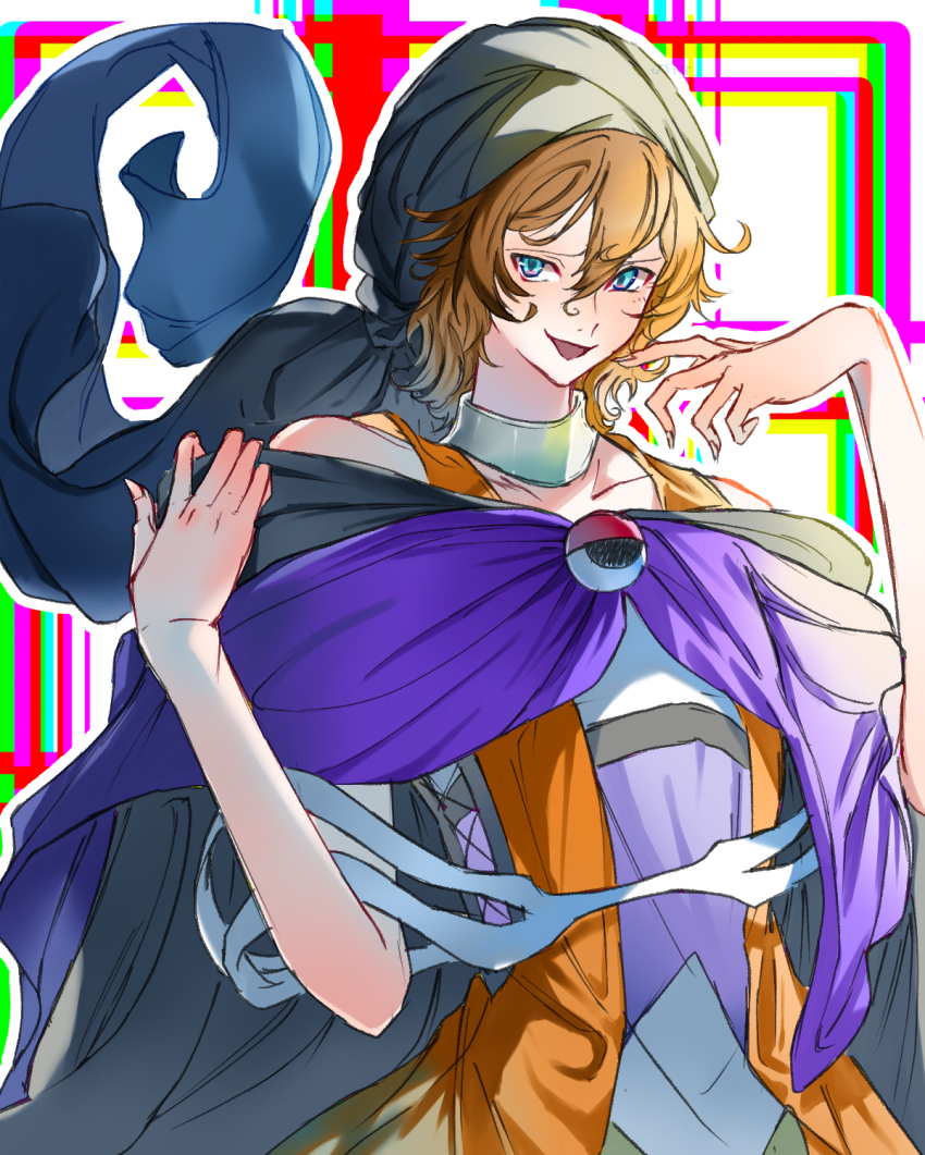 1other androgynous bandana bare_arms bare_shoulders black_bandana black_cape blue_eyes brown_hair cape choker cine_hamal collarbone colorful commentary_request cowboy_shot crazy eye_brooch eye_of_senri fingernails floating_clothes furrowed_brow green_shorts hair_between_eyes highres jacket kuzu_suzumi len&#039;en off-shoulder_capelet open_clothes open_jacket open_mouth orange_jacket other_focus outline purple_scarf purple_shirt scarf shirt short_hair shorts sleeveless sleeveless_jacket smile solo two-tone_shirt white_background white_choker white_outline white_shirt yoni.