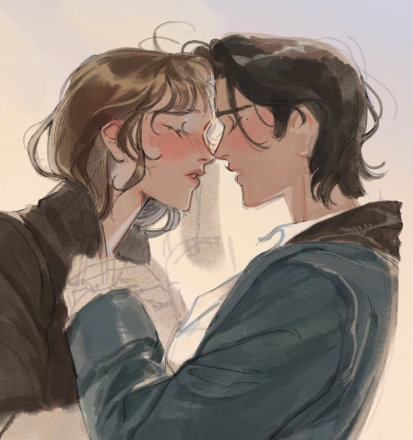 2girls black_hair black_jacket blue_jacket brown_hair closed_eyes commentary elizabeth_bennet english_commentary fitzwilliam_darcy genderswap genderswap_(mtf) highres jacket multiple_girls onzze pride_and_prejudice shirt short_hair white_shirt yuri