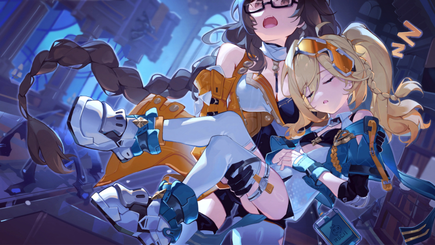 2girls asc11 blonde_hair braid breasts carrying carrying_person cleavage detached_sleeves durandal_(honkai_impact) durandal_(reign_solaris)_(honkai_impact) entropy_(honkai_impact) entropy_(honkai_impact_3rd) female_dreamseeker_(honkai_impact) glasses goggles goggles_on_head high_ponytail highres honkai_(series) honkai_impact_3rd large_breasts long_braid long_hair multiple_girls ponytail side_braid sleeping small_breasts