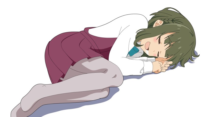 1girl aqua_bow aqua_bowtie bob_cut bow bowtie braid closed_eyes collared_shirt commentary_request dress dress_shirt drooling fetal_position grey_pantyhose halter_dress halterneck highres kantai_collection lying on_side pantyhose purple_dress saliva shirt short_hair short_hair_with_long_locks simple_background sleeping solo sugapi takanami_(kancolle) white_background white_shirt