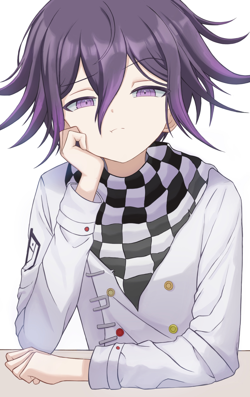 1boy absurdres black_hair checkered_neckerchief closed_mouth danganronpa_(series) danganronpa_v3:_killing_harmony grey_jacket gwedo_(pinibell) hair_between_eyes hand_up highres jacket long_sleeves male_focus multicolored_hair neckerchief oma_kokichi pink_eyes pout simple_background solo two-tone_hair upper_body white_background