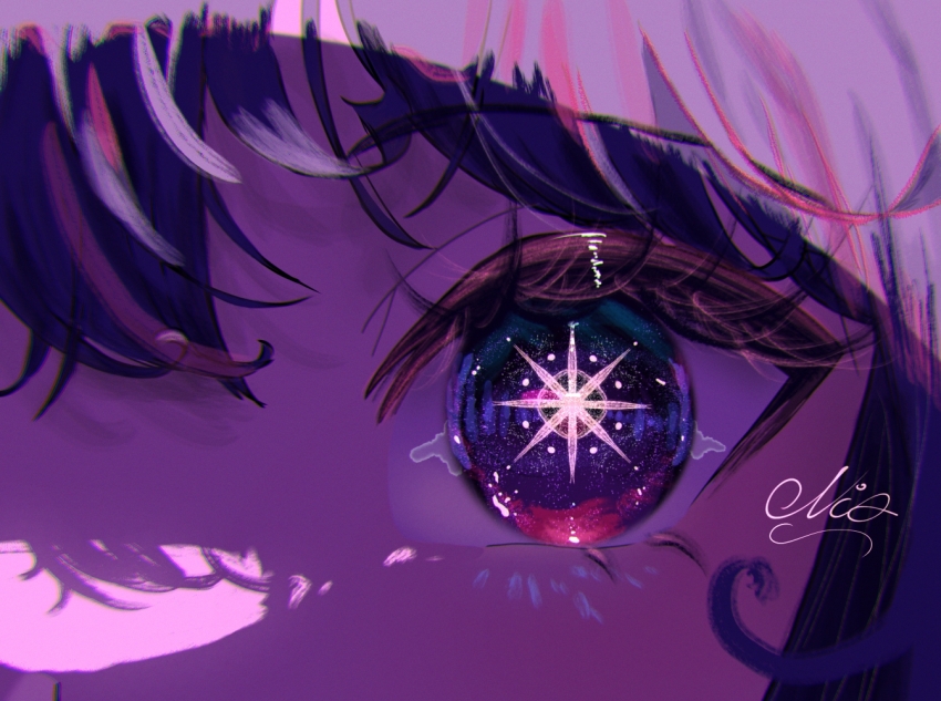 1girl eye_focus eye_reflection hoshino_ai long_hair looking_at_viewer nia_(user_xnpu7783) oshi_no_ko purple_eyes purple_hair reflection signature sparkle sparkling_eyes straight-on