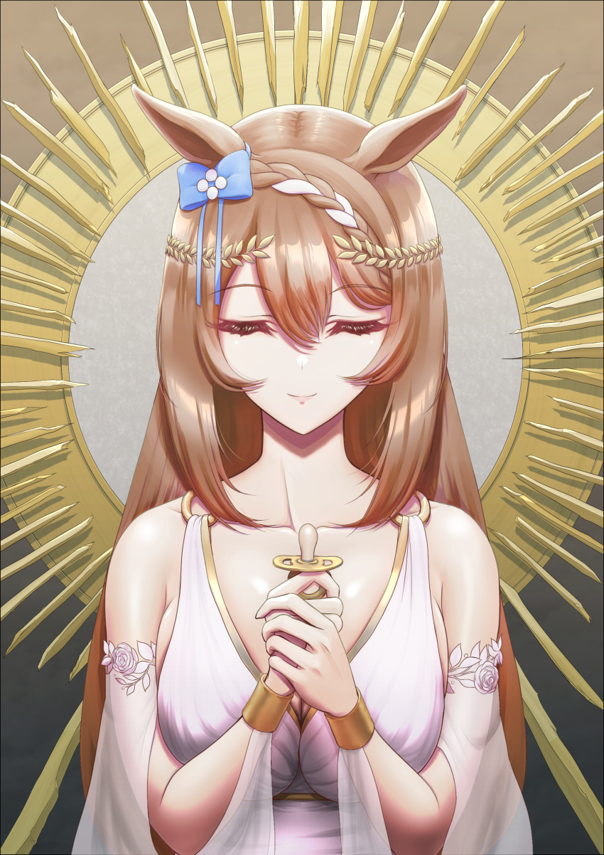 1girl absurdres alternate_costume ancient_greek_clothes animal_ears bangle blue_bow bow bracelet braid brown_hair closed_eyes closed_mouth collarbone commentary ear_bow facing_viewer gold_trim greco-roman_clothes hair_between_eyes hands_up highres holding holding_pacifier horse_ears horse_girl jewelry laurel_crown long_hair multicolored_hair pacifier peplos shibakarisena solo straight-on super_creek_(umamusume) two-tone_hair umamusume upper_body white_hair