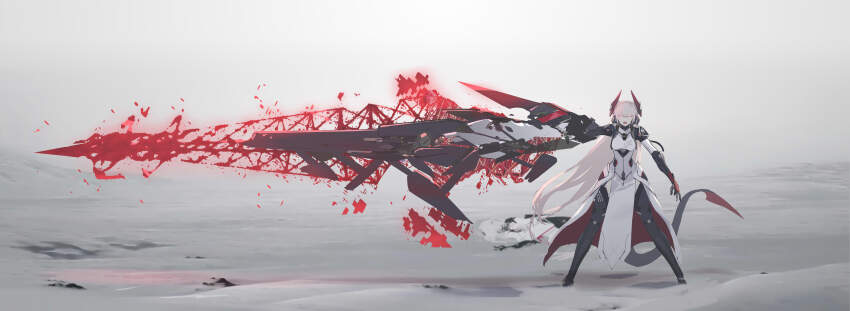 1girl absurdres grey_hair gun hair_between_eyes headgear highres holding holding_sword holding_weapon horns huge_weapon incredibly_absurdres jhcrow3 long_hair mecha_musume mechanical_arms mechanical_legs original pink_hair red_eyes science_fiction single_mechanical_arm solo standing sword tail very_long_hair weapon white_hair