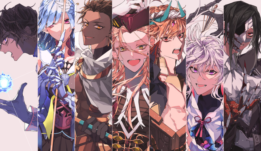1girl 6+boys absurdres ancient_egyptian_clothes arabian_clothes arjuna_(fate) ascot bare_pectorals bare_shoulders bishounen blonde_hair blood bloody_weapon breasts brown_hair brynhild_(fate) cape claws cloak dark-skinned_male dark_skin ear_piercing earrings european_clothes fate/grand_order fate_(series) feather_hair_ornament feathers fighting_stance formal_clothes from_side gauntlets gilgamesh gilgamesh_(caster)_(fate) gilgamesh_(fate) gloves green_eyes hair_between_eyes hair_ornament hair_over_one_eye half_mask high_collar highres holding holding_staff holding_weapon huge_filesize jewelry long_hair long_sleeves looking_at_viewer mask merlin_(fate) mizuki_(mz) multiple_boys open_mouth ozymandias_(fate) parted_bangs pectorals phantom_of_the_opera_(fate) piercing polearm purple_eyes purple_headwear red_eyes short_hair smile staff textless_version toned toned_male upper_body very_long_hair weapon white_ascot white_cape white_cloak white_gloves white_hair wolfgang_amadeus_mozart_(fate) yellow_eyes