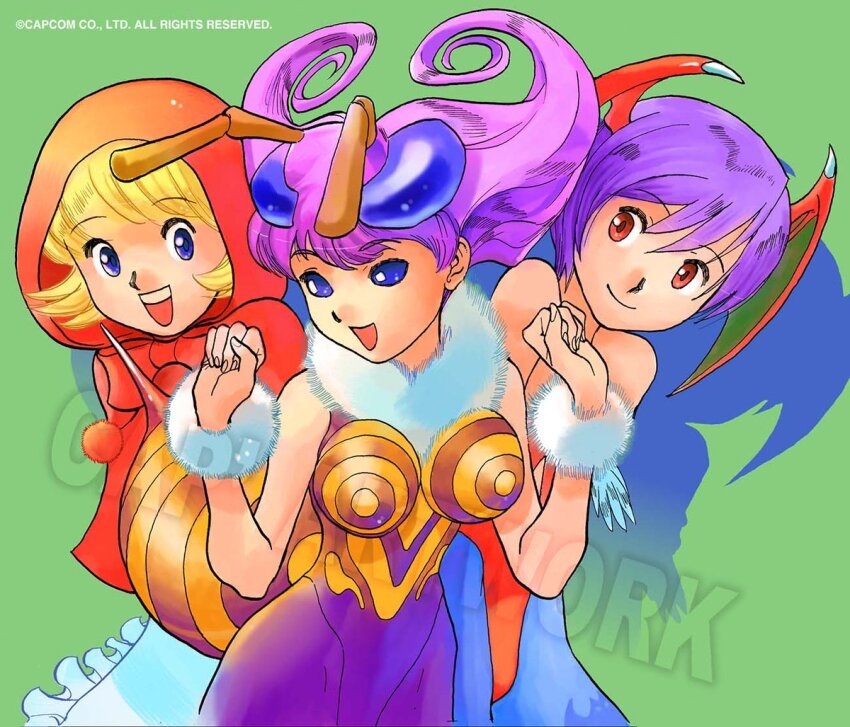 1998 3girls animal_print antennae apron arms_up arthropod_girl b.b._hood bare_shoulders bat_print bat_wings bee_costume bee_girl bee_print bengus blonde_hair blue_eyes blue_pantyhose blue_sclera blush bracelet breasts capelet check_translation clothing_cutout collarbone colored_sclera commentary cowboy_shot darkstalkers demon_girl diamond_cutout dress extra_eyes facing_viewer frilled_apron frills fur_bracelet fur_collar fur_trim green_background hair_between_eyes happy head_wings highleg highleg_leotard hood hood_up insect_girl insect_wings jewelry leotard lilith_(darkstalkers) long_hair looking_at_another medium_breasts medium_hair monster_girl multiple_girls official_art open_mouth pantyhose print_pantyhose purple_hair purple_leotard purple_pantyhose q-bee red_eyes red_hood red_leotard red_skirt red_wings short_hair simple_background skirt small_breasts smile solo strapless strapless_leotard translation_request watermark white_apron white_background wings yellow_leotard