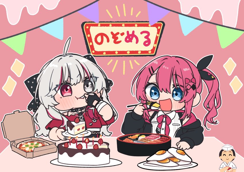 2girls absurdres ahoge bandaged_arm bandages bare_shoulders birthday_cake black_bow black_choker black_gloves black_jacket black_necktie black_ribbon blue_eyes blush bow bowtie cake cake_slice chibi choker chopsticks closed_mouth collared_shirt commentary cropped_shirt eating fingerless_gloves fish_(food) food fried_egg gloves grey_eyes gunkanmaki hair_between_eyes hair_bow hair_ornament hair_ribbon hairclip heterochromia highres irasutoya ishigami_nozomi ishigami_nozomi_(1st_costume) jacket jewelry kashikaze kuramochi_meruto kuramochi_meruto_(1st_costume) long_hair multicolored_hair multiple_girls necktie nigirizushi nijisanji off-shoulder_shirt off_shoulder open_clothes open_jacket open_mouth outline pink_background pizza purple_bow purple_bowtie purple_hair red_eyes red_hair red_shirt ribbon ring shirt short_sleeves side_ponytail sidelocks single_glove sleeveless sleeveless_shirt spiked_choker spikes streaked_hair sushi symbol-only_commentary translated virtual_youtuber white_hair white_outline white_shirt