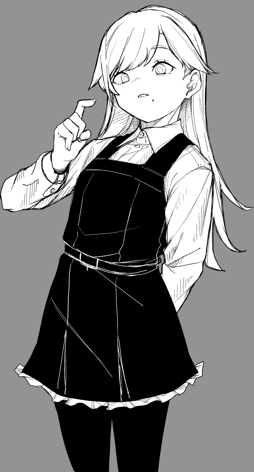 1girl absurdres arashio_(kancolle) arashio_kai_ni_(kancolle) arm_behind_back collared_shirt daigaku_jitome dress eyelashes greyscale hashtag-only_commentary highres index_finger_raised kantai_collection long_hair long_sleeves mole mole_under_mouth monochrome pantyhose parted_lips pinafore_dress shirt simple_background sleeveless sleeveless_dress solo