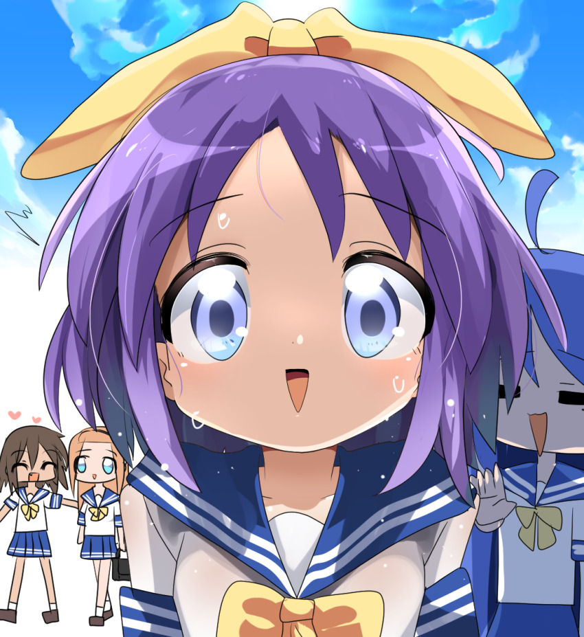 4girls ahoge blue_eyes blue_hair blue_sailor_collar blue_skirt blue_sky blush bow bowtie brown_hair closed_eyes cloud commentary_request hair_bow highres hiiragi_tsukasa izumi_konata kusakabe_misao lets0020 looking_at_viewer lucky_star minegishi_ayano multiple_girls open_mouth purple_hair sailor_collar school_uniform serafuku shirt short_hair skirt sky smile solo_focus sweat upper_body white_shirt yellow_bow yellow_bowtie