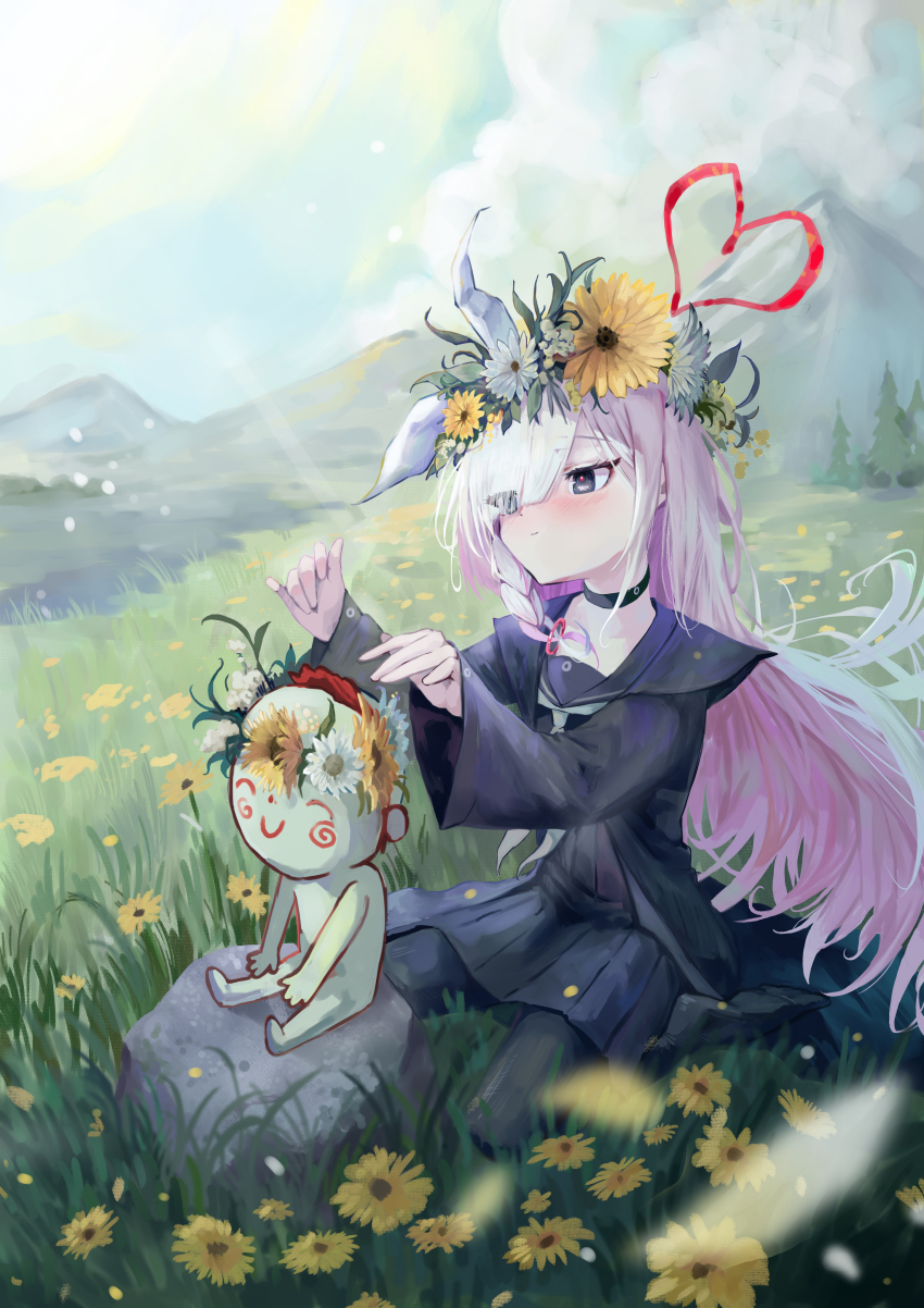 1boy 1girl absurdres black_choker black_pantyhose black_sailor_collar black_shirt black_skirt blue_archive blush braid choker closed_eyes doodle_sensei_(blue_archive) field flower flower_wreath grey_eyes hair_over_one_eye heart highres kneeling kongaru_123 long_hair mountain nature pantyhose plana_(blue_archive) sailor_collar sensei_(blue_archive) shirt sidelocks single_braid sitting skirt very_long_hair wariza white_flower white_hair yellow_flower