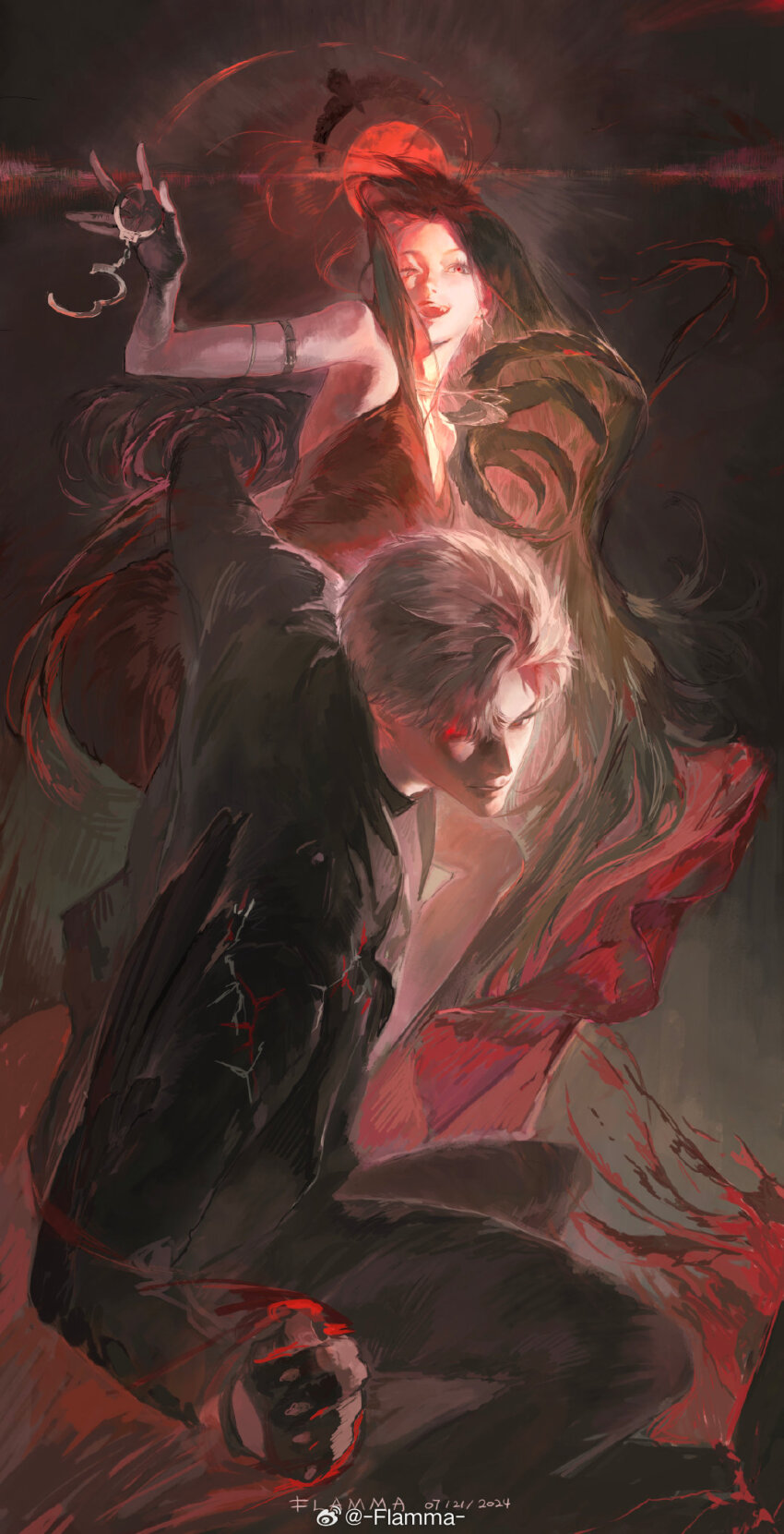 1boy 1girl bird black_gloves black_hair black_jacket black_pants crow cuffs dress fighting_stance fingerless_gloves flamma_(immortalemignis) gloves grey_hair handcuffs highres holding holding_handcuffs jacket lips long_hair long_sleeves love_and_deepspace one_eye_closed open_mouth pants parted_lips protagonist_(love_and_deepspace) red_dress sylus_(love_and_deepspace) teeth upper_teeth_only