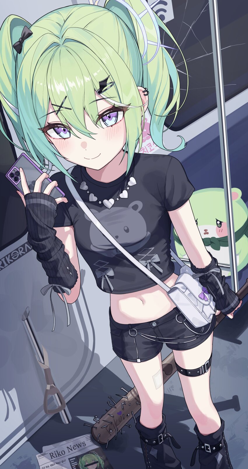 1girl absurdres bag baseball_bat black_shirt black_shorts blush chico_(yuzuha_riko) closed_mouth cone_hair_bun crop_top cropped_shirt full_body green_hair hair_between_eyes hair_bun hair_ornament hamster hand_warmer handbag highres holding holding_baseball_bat holding_phone looking_at_viewer midriff multicolored_hair nail nail_(hardware) nail_bat navel newspaper phone print_shirt purple_eyes shirt shorts smile solo standing stellive suumon t-shirt thick_eyelashes thigh_strap train_interior twintails virtual_youtuber white_streaks yuzuha_riko