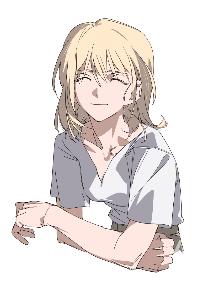 1girl absurdres bang_dream! bang_dream!_it&#039;s_mygo!!!!! blonde_hair closed_eyes closed_mouth collarbone commentary_request hair_between_eyes highres medium_hair misumi_uika molu_stranger shirt short_sleeves simple_background solo upper_body white_background white_shirt