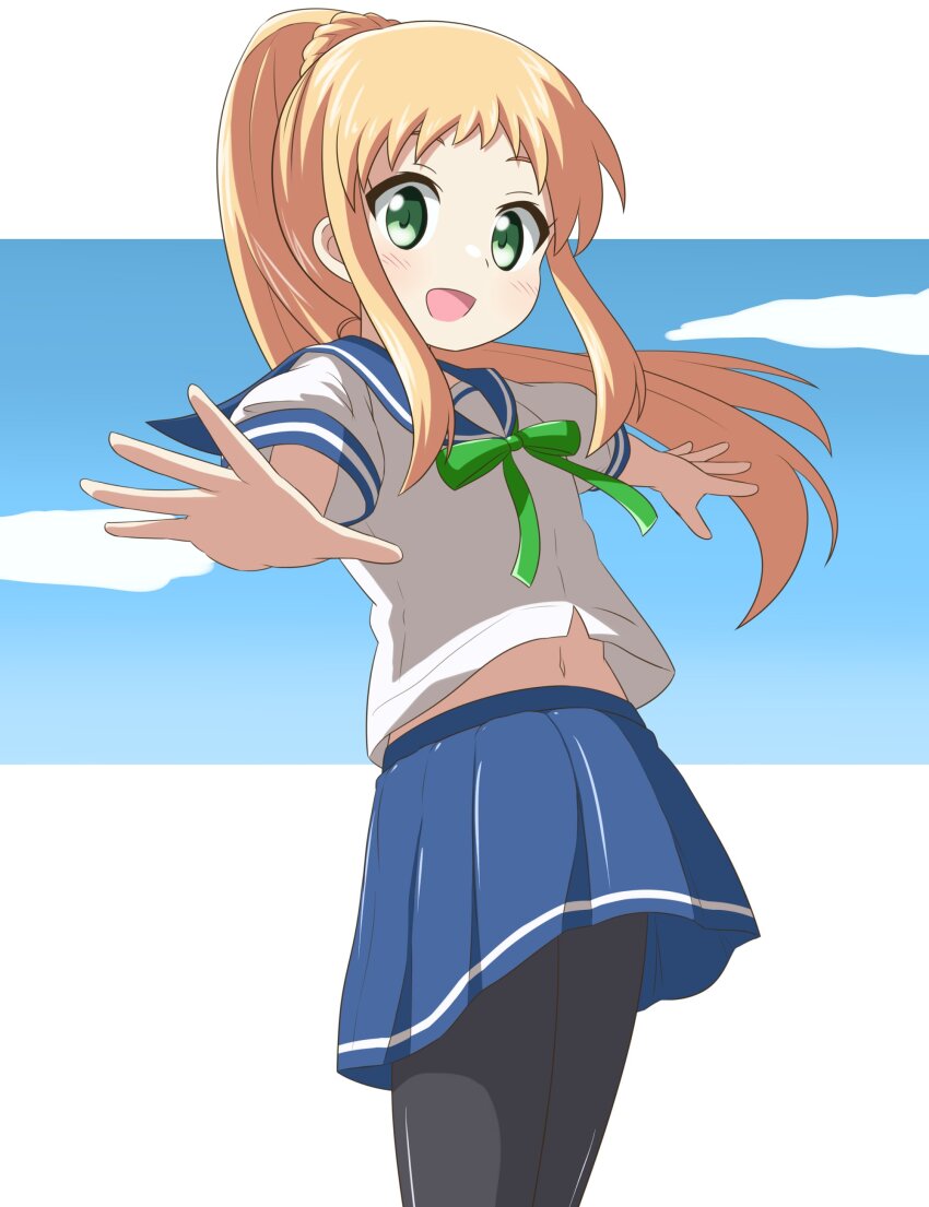 1girl absurdres black_pantyhose blonde_hair blue_sailor_collar blush clothes_lift cloud day dot_nose female_focus green_eyes highres inose_mai koisuru_asteroid long_hair looking_at_viewer nanog_eb1994 navel open_mouth outdoors pantyhose ponytail sailor_collar school_uniform serafuku shirt_lift short_sleeves sky solo standing