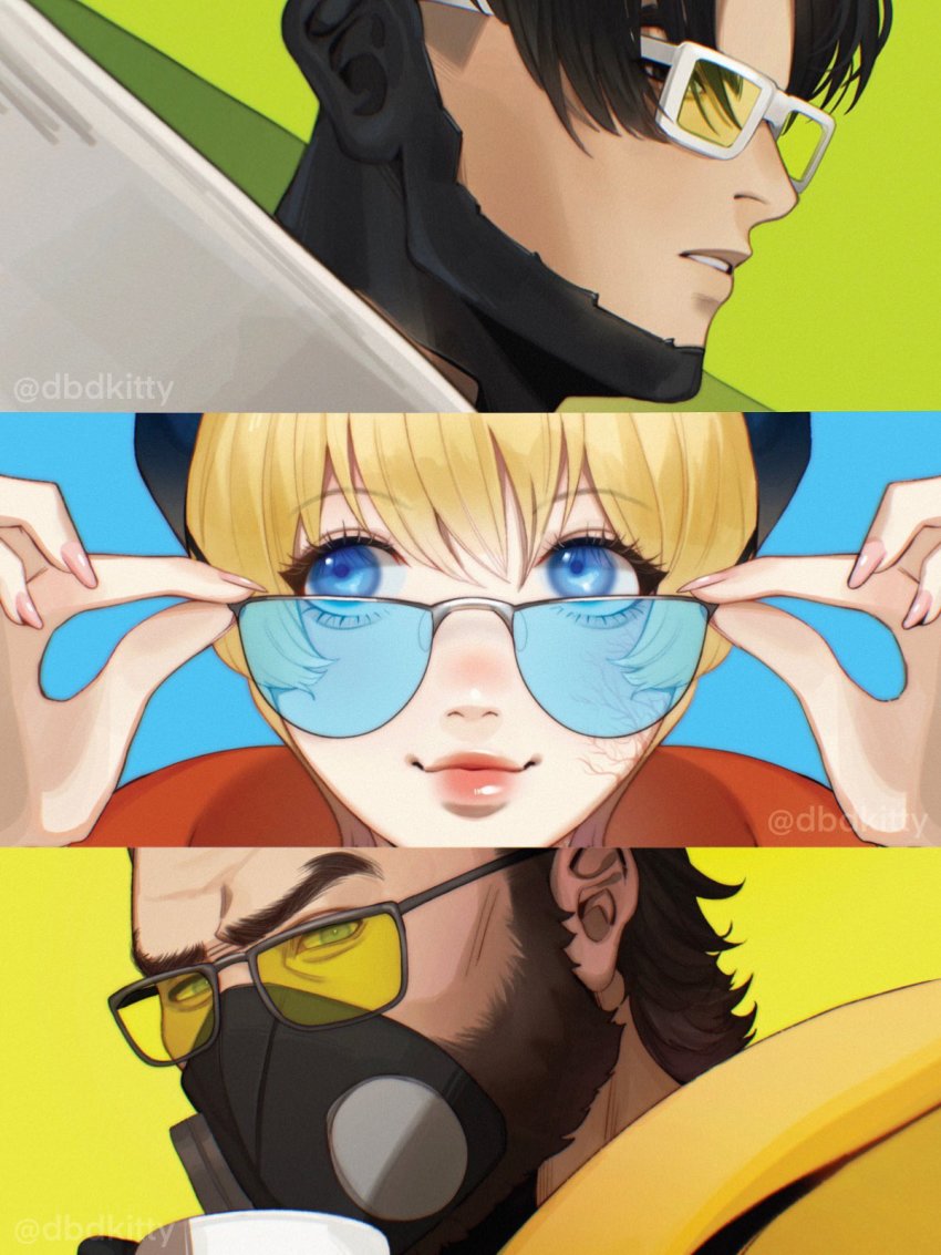 1girl 2boys adjusting_eyewear apex_legends beard beret black_hair black_headwear brown_hair caustic_(apex_legends) crypto_(apex_legends) cup facial_hair gas_mask hair_behind_ear hand_on_eyewear hat highres holding holding_cup jacket kitty_keihara looking_to_the_side mask mug multiple_boys parted_lips respirator smile sunglasses wattson_(apex_legends) white_jacket