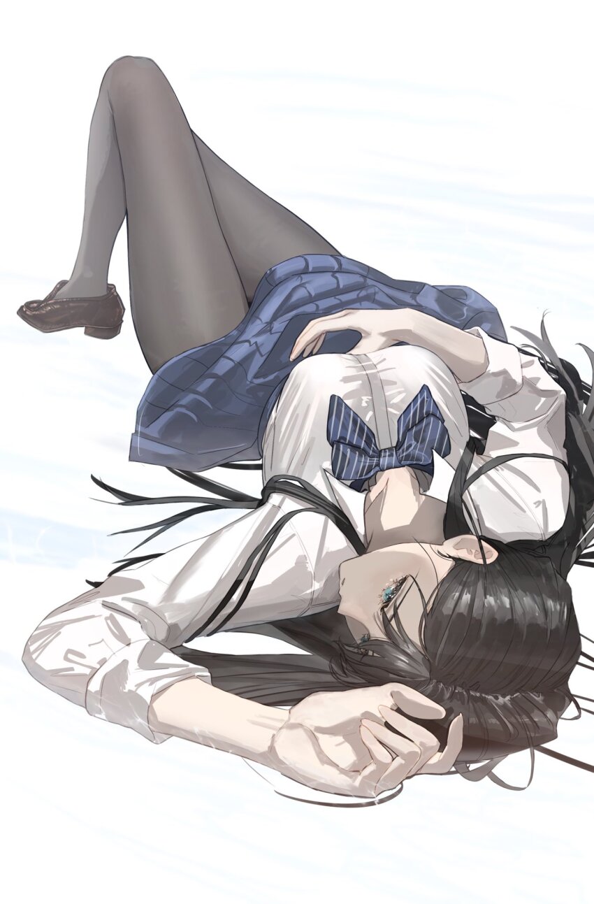 1girl black_hair black_pantyhose black_skirt blue_bow blue_eyes blue_skirt bow bowtie breasts collared_shirt hand_on_own_stomach highres loafers long_hair long_sleeves looking_at_viewer lying on_back original pantyhose pleated_skirt sawatani_(_swt2) school_uniform shirt shoes simple_background skirt slip-on_shoes solo white_background white_shirt