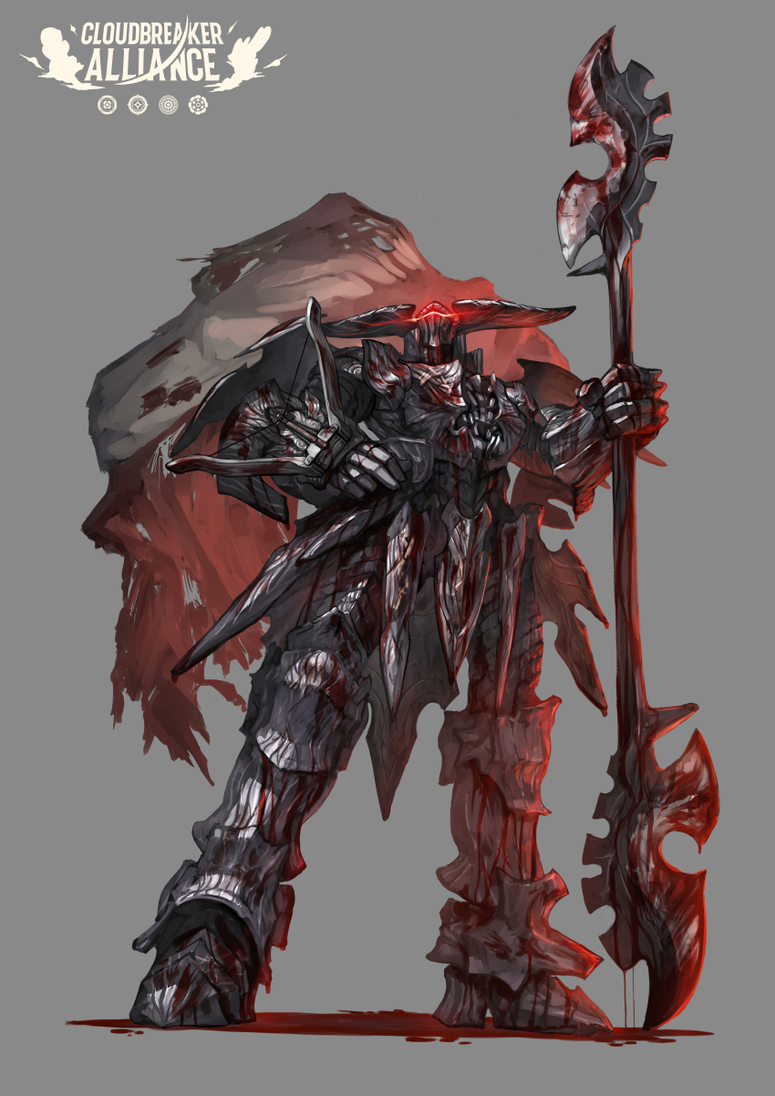 absurdres armor blood bloody_weapon bow_(weapon) cloudbreaker_alliance copyright_name crossbow fantasy full_body grey_background highres holding holding_weapon official_art simple_background solo tagme weapon yumo80295386