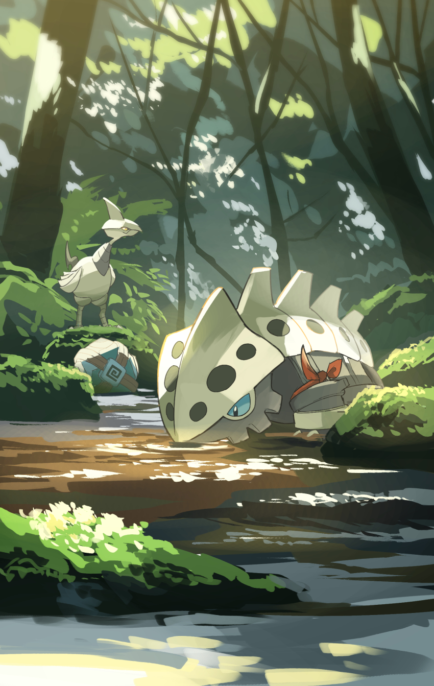 bird blue_eyes commentary_request drinking forest gen_2_pokemon gen_3_pokemon gen_5_pokemon golett highres lairon nature nintendo no_humans outdoors pokemon pokemon_(creature) skarmory standing tree water yamaori_(hakkentai_pokedan) yellow_eyes