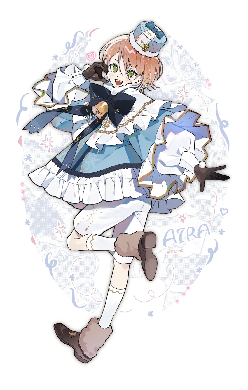 :d absurdres androgynous bishounen character_name dot_nose ensemble_stars! from_above full_body fur-trimmed_headwear fur_trim half-heart_hands hand_up highres jangchajsam looking_back male_focus official_alternate_costume open_mouth outline outside_border outstretched_arm oval_background shiratori_aira_(ensemble_stars!) shorts smile solo teeth turning_around twitter_username upper_teeth_only white_background zoom_layer