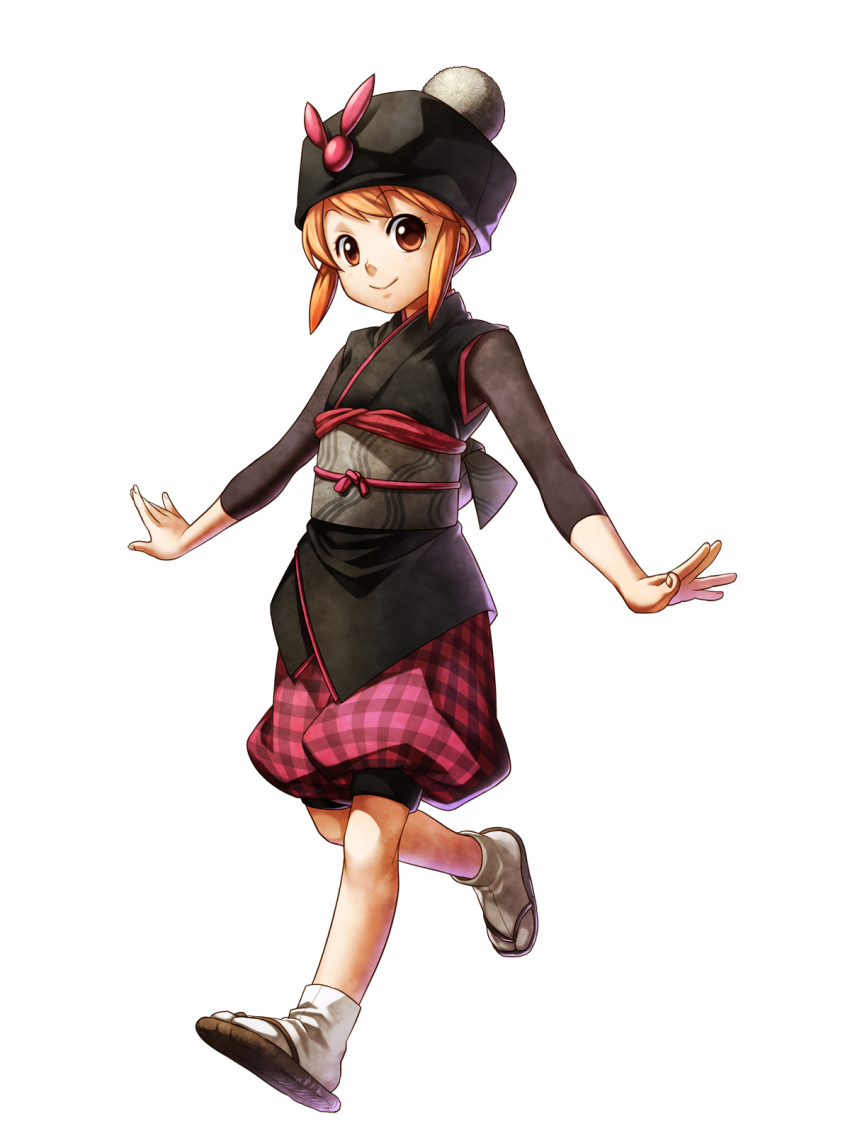 1girl adapted_costume brown_eyes capcom female_focus gotcha_force hat highres japanese_clothes kimono koma kurokawa_usagi obi official_art onimusha_soul orange_hair plaid_clothes plaid_shorts sandals sash short_hair shorts sidelocks simple_background smile socks solo tabi white_background