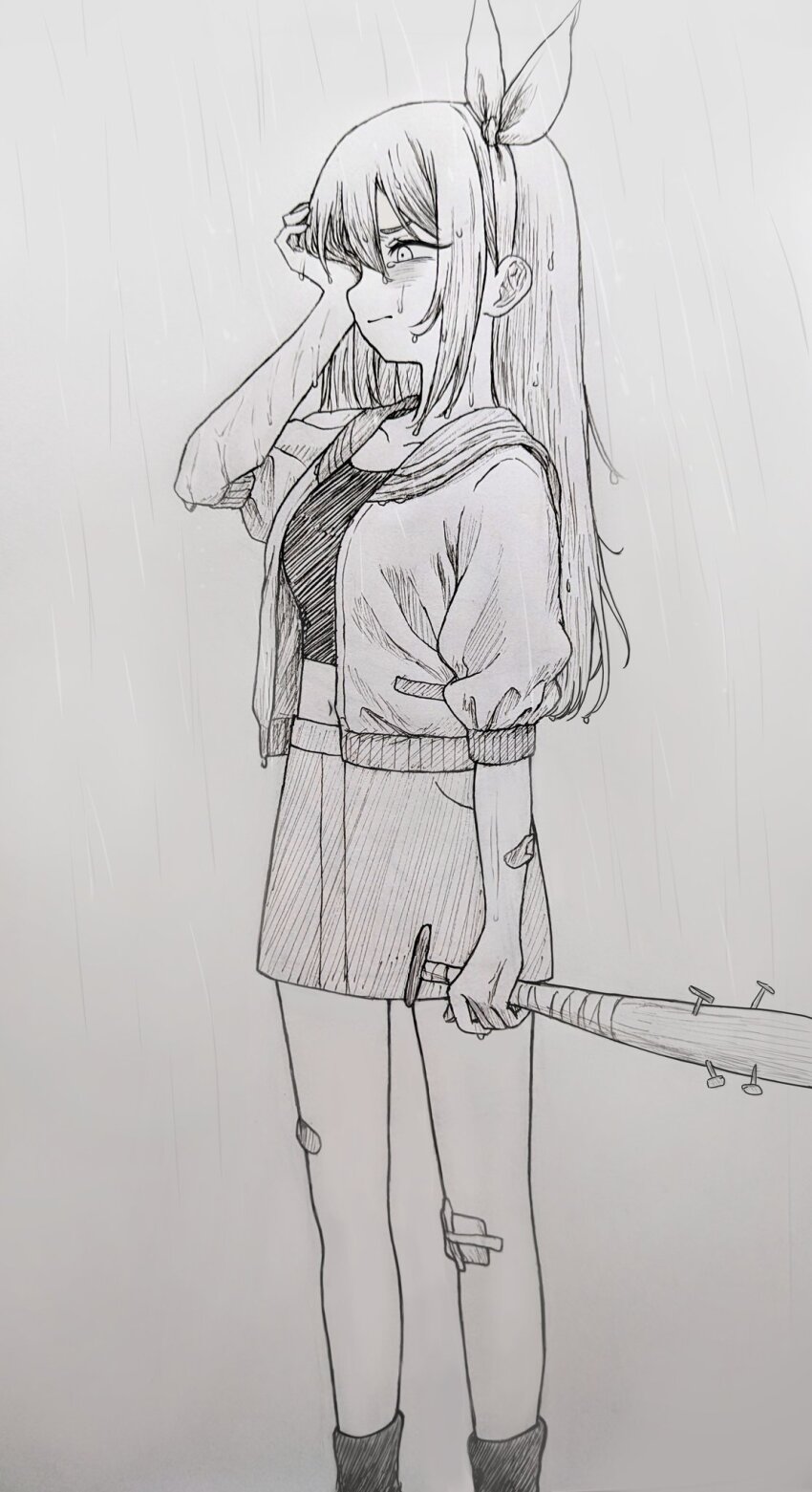 1girl aubrey_(faraway)_(omori) aubrey_(omori) bandaid bandaid_on_leg baseball_bat closed_mouth collarbone crop_top denim denim_skirt greyscale hairband highres holding holding_baseball_bat jacket long_hair mimn_(kdjgxrt1xt69701) monochrome nail nail_(hardware) nail_bat omori rain short_sleeves skirt socks solo traditional_media