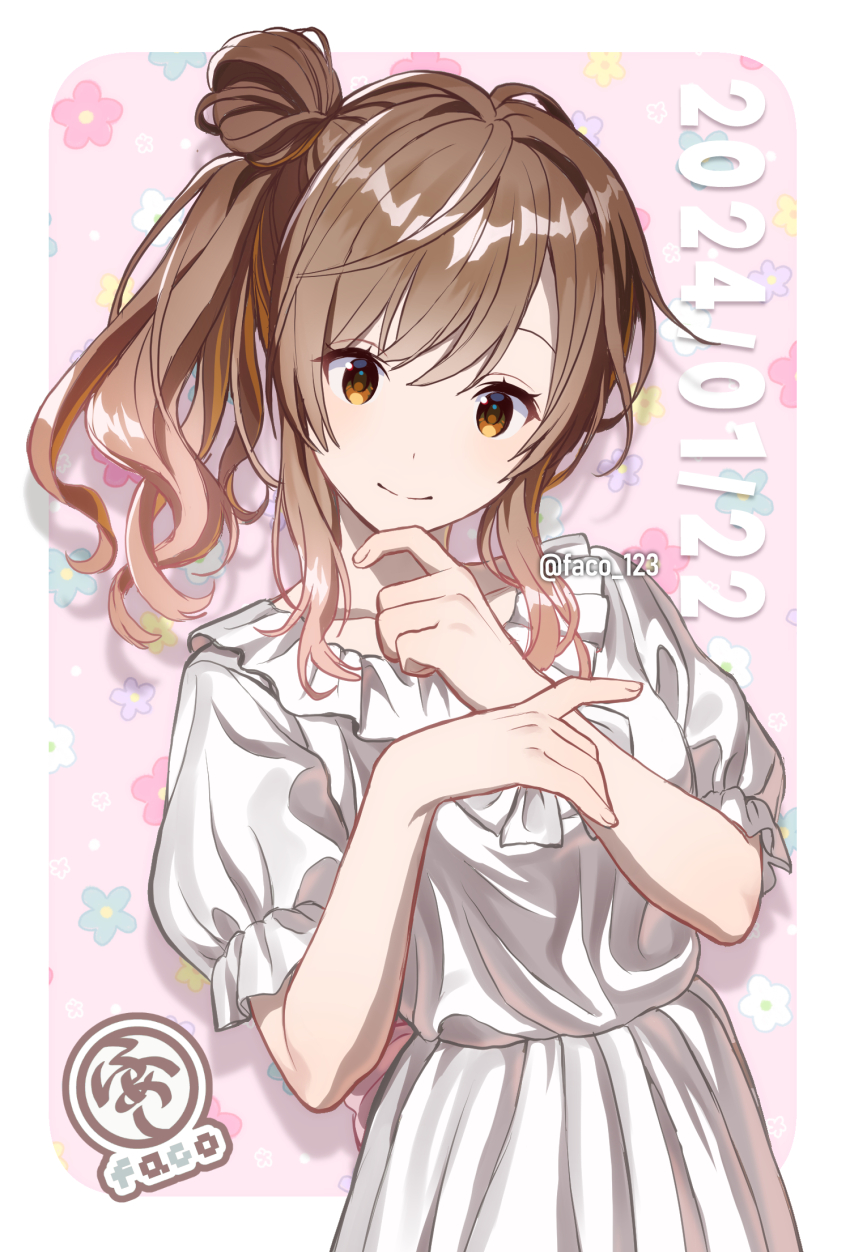 1girl artist_logo border brown_eyes brown_hair cevio collarbone commentary_request cowboy_shot dated dress faco finger_to_own_chin floral_background hair_bun hands_up head_tilt highres logo long_hair looking_at_viewer outside_border pink_background puffy_short_sleeves puffy_sleeves satou_sasara short_sleeves side_ponytail single_side_bun solo standing twitter_username white_border white_dress