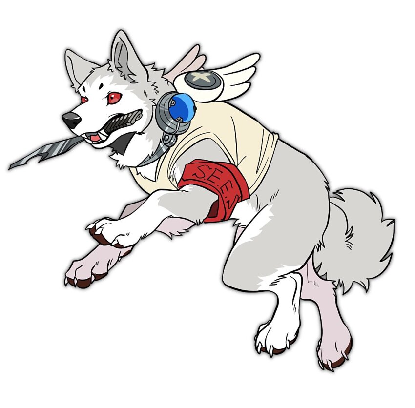 1boy animal_ears armband axontatsu claws commentary_request dog dog_ears dog_nose dog_tail evoker fangs grey_fur knife_in_mouth koromaru_(persona) looking_to_the_side pawpads persona persona_3 red_eyes simple_background tail white_background wing_collar