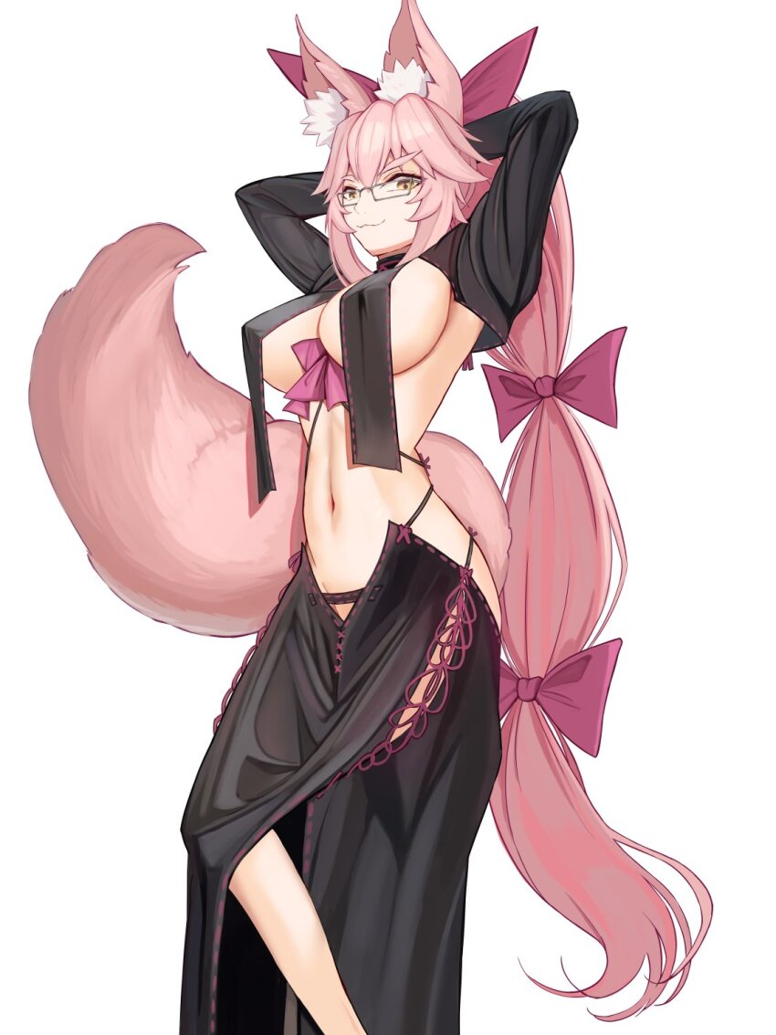 1girl ahoge animal_ear_fluff animal_ears arms_behind_head arms_up black_jacket black_skirt bow breast_curtains breasts cleavage cosplay cropped_jacket dress fate/grand_order fate_(series) fox_ears fox_girl fox_tail glasses hair_between_eyes hair_bow highres jacket kapi-san koyanskaya_(fate) large_breasts long_hair long_skirt long_sleeves looking_at_viewer navel pink_bow pink_hair ponytail ribbon-trimmed_dress ribbon_trim shrug_(clothing) sideboob sidelocks skirt solo tail tamamo_(fate) thighs very_long_hair yellow_eyes yu_mei-ren_(fate) yu_mei-ren_(fate)_(cosplay) yu_mei-ren_(fgo_fes._2022)_(fate)