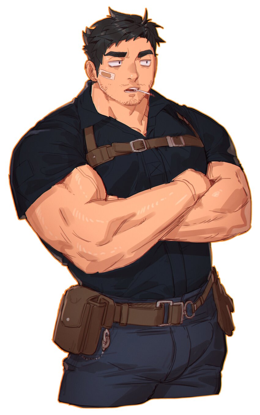 1boy absurdres bara belt biceps chest_belt cigarette commentary cropped_legs crossed_arms denim facial_hair grey_background highres huge_eyebrows jeans korean_commentary large_pectorals looking_at_another male_focus mature_male muscular muscular_male mustache_stubble original pants pectorals short_hair simple_background solo sparse_stubble standing stubble ttn_(239_239) veins veiny_arms