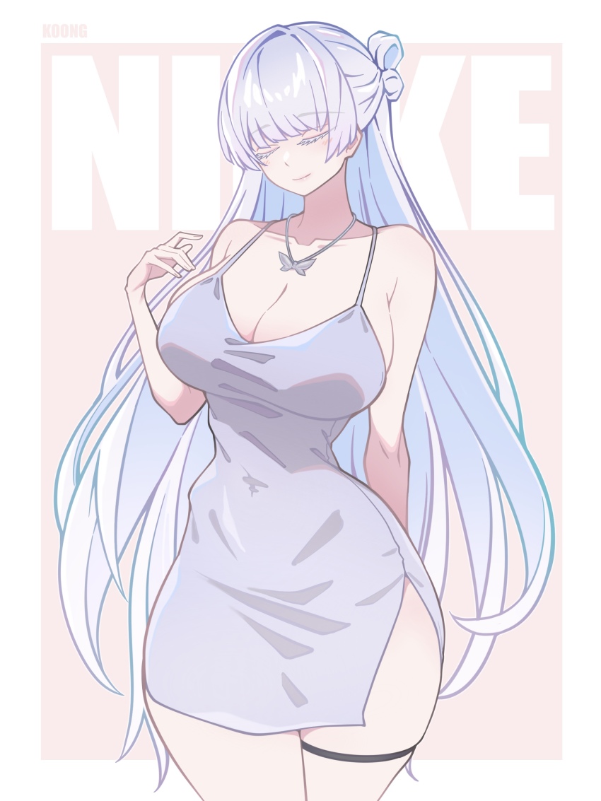 1girl absurdres alternate_costume breasts butterfly_necklace collarbone colored_eyelashes copyright_name covered_navel dress goddess_of_victory:_nikke highres jewelry large_breasts long_hair nayuta_(nikke) necklace solo thick_eyelashes white_eyelashes yoonsun