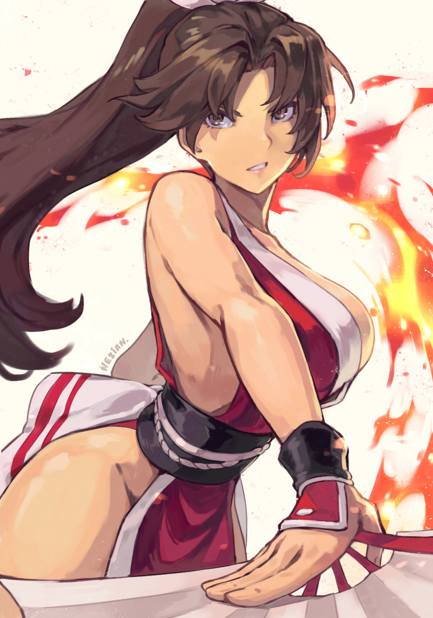 1girl breasts brown_hair fatal_fury highres large_breasts long_hair shiranui_mai tagme the_king_of_fighters thick_thighs thighs